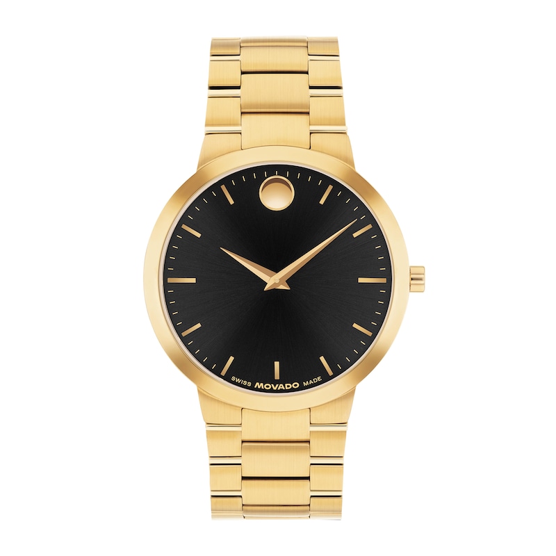 Men's Movado Avalo Gold-Tone Stainless Steel Watch with Black Dial (Model: 0608056)