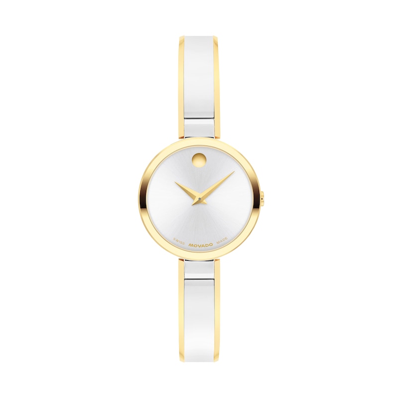 Ladies' Movado Moda Two-Tone PVD Bangle Watch with Silver-White Sunray Dial (Model: 0608193)