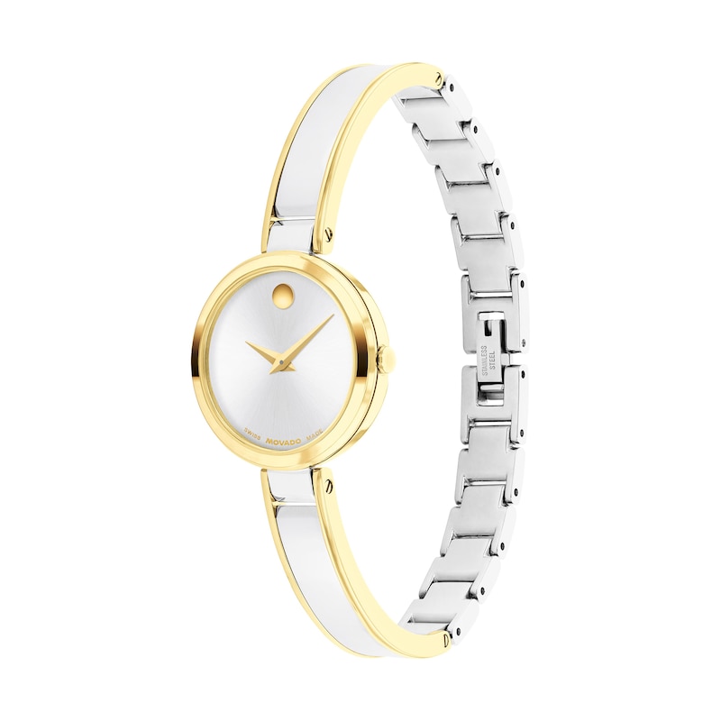 Ladies' Movado Moda Two-Tone PVD Bangle Watch with Silver-White Sunray Dial (Model: 0608193)