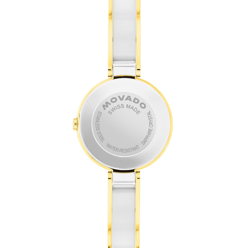Ladies' Movado Moda Two-Tone PVD Bangle Watch with Silver-White Sunray Dial (Model: 0608193)