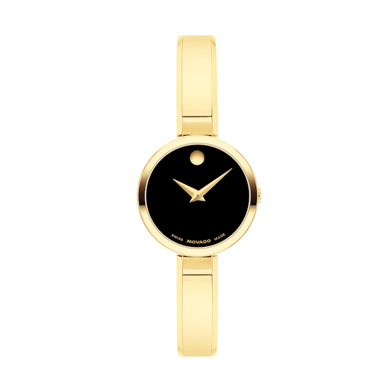 Ladies' Movado Moda Bangle Gold-Tone Stainless Steel Watch with Black Dial (Model: 0608194)