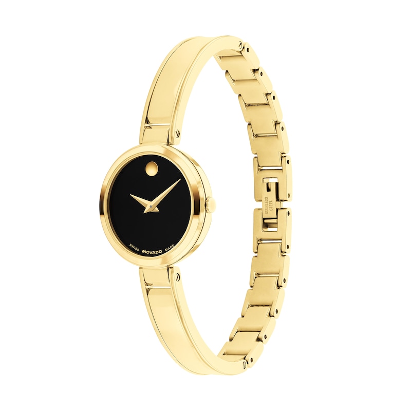 Ladies' Movado Moda Bangle Gold-Tone Stainless Steel Watch with Black Dial (Model: 0608194)