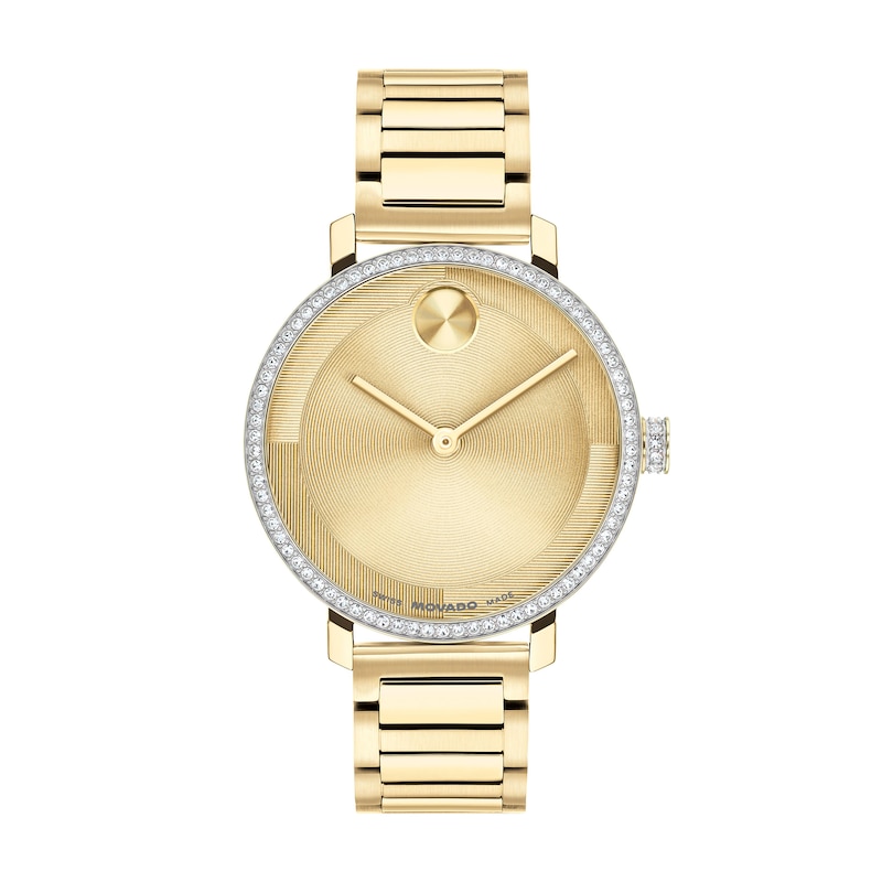 Ladies' Movado BOLD Evolution 2.0 Gold-Tone Stainless Steel Watch with Crystal Bezel (Model: 3601225)