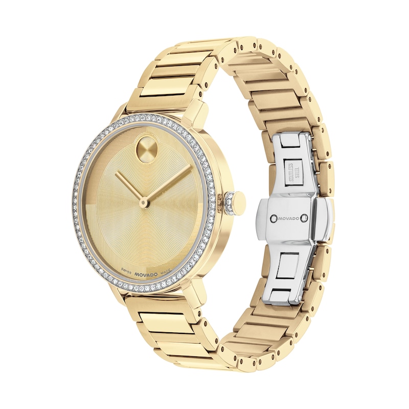 Ladies' Movado BOLD Evolution 2.0 Gold-Tone Stainless Steel Watch with Crystal Bezel (Model: 3601225)