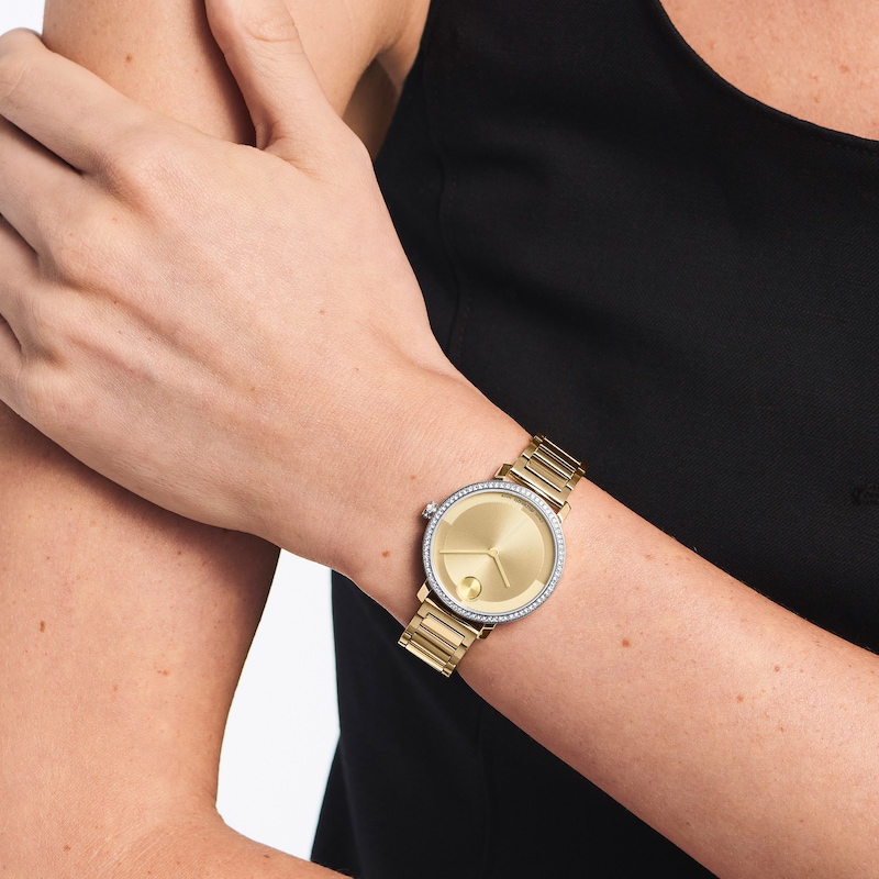Ladies' Movado BOLD Evolution 2.0 Gold-Tone Stainless Steel Watch with Crystal Bezel (Model: 3601225)