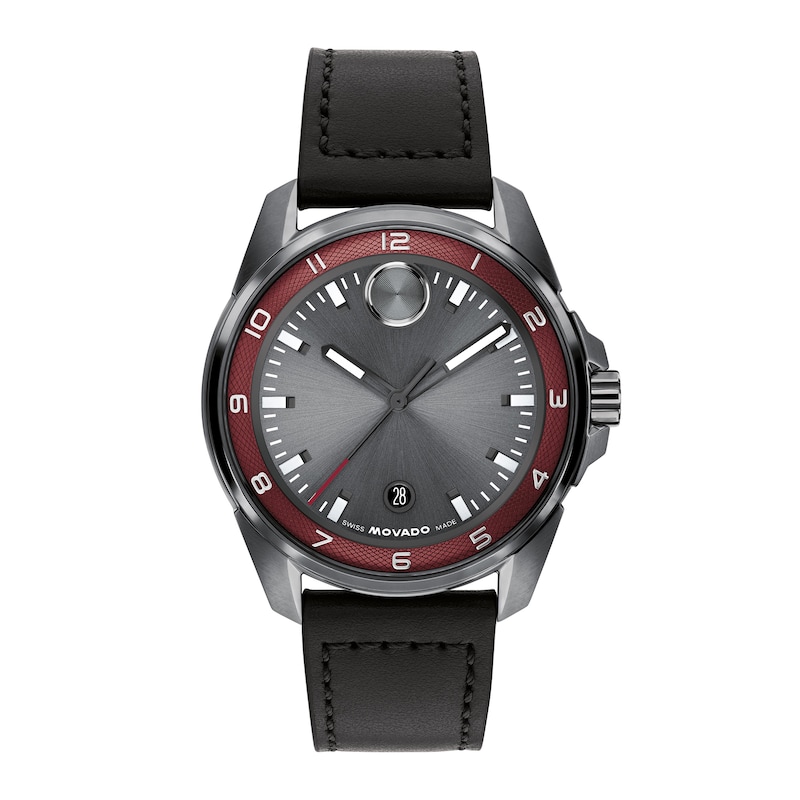 Men's Movado BOLD Verso S Gray IP Stainless Steel Watch with Black Leather Strap (Model: 3601388)