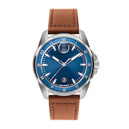 Men's Movado BOLD Verso S Stainless Steel Watch with Blue Dial and Brown Leather Strap (Model: 3601454)