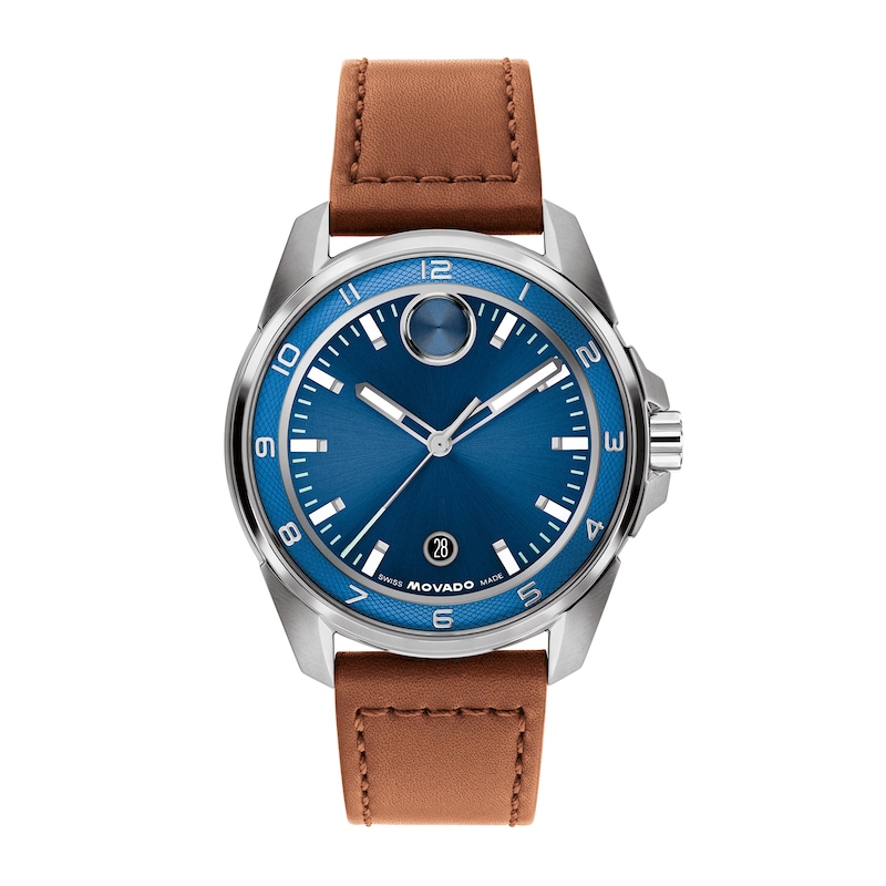Men's Movado BOLD Verso S Stainless Steel Watch with Blue Dial and Brown Leather Strap (Model: 3601454)