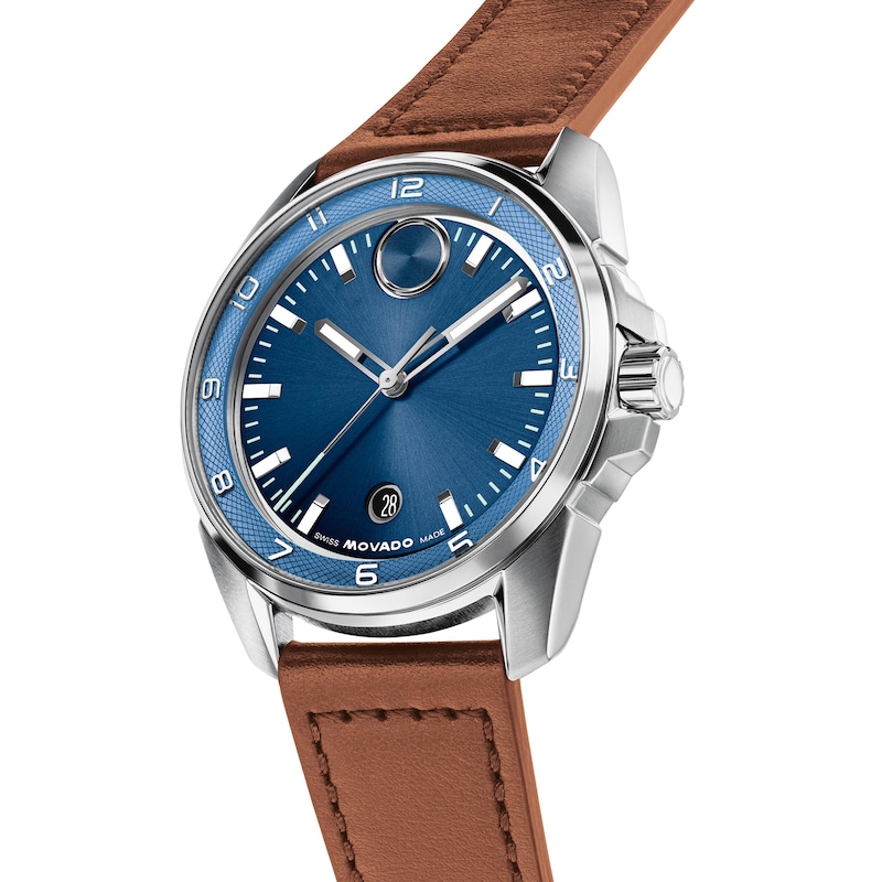 Men's Movado BOLD Verso S Stainless Steel Watch with Blue Dial and Brown Leather Strap (Model: 3601454)