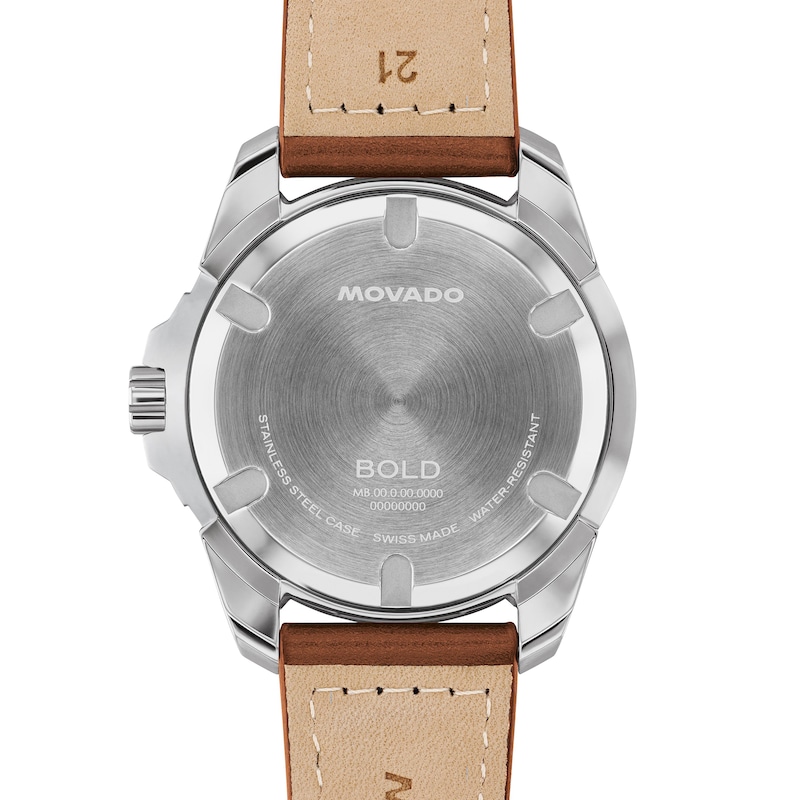 Men's Movado BOLD Verso S Stainless Steel Watch with Blue Dial and Brown Leather Strap (Model: 3601454)