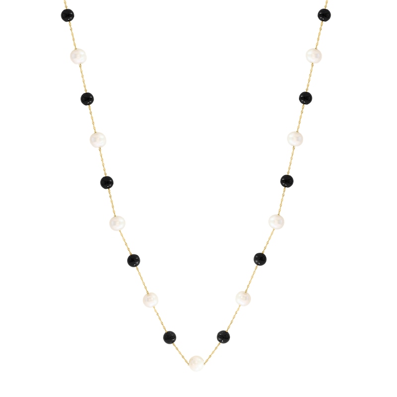 EFFY™ Collection Cultured Pearl and Black Onyx Station Necklace in 14K Gold - 18"