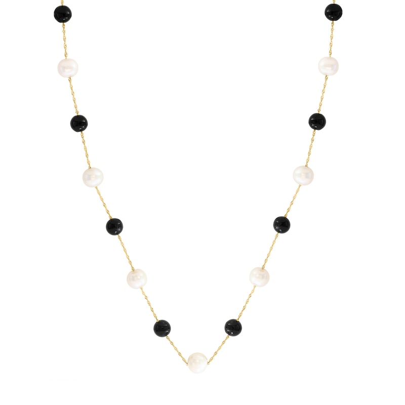 EFFY™ Collection Cultured Pearl and Black Onyx Station Necklace in 14K Gold - 18"
