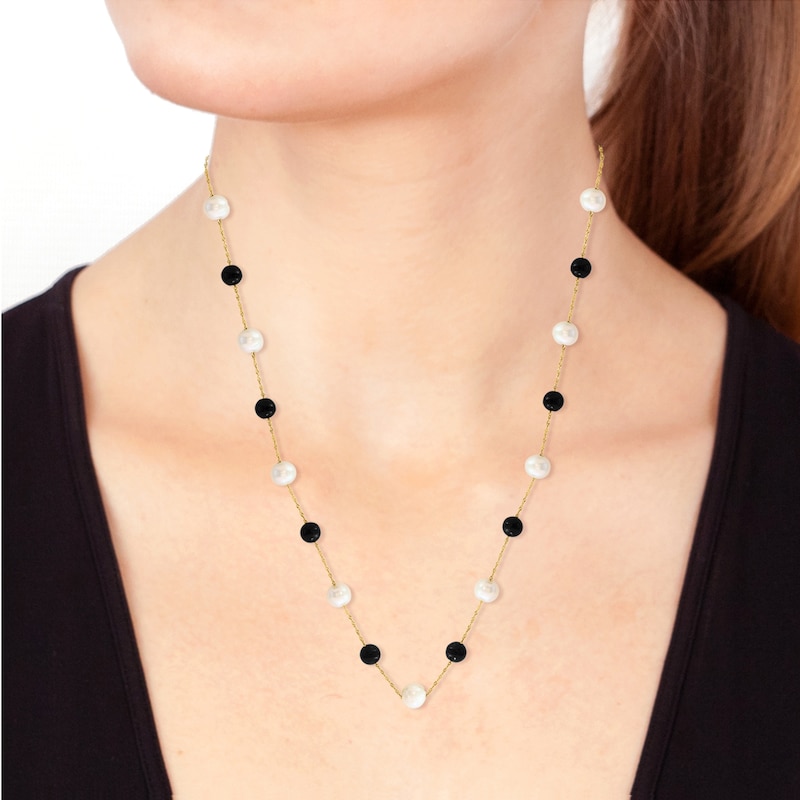 EFFY™ Collection Cultured Pearl and Black Onyx Station Necklace in 14K Gold - 18"