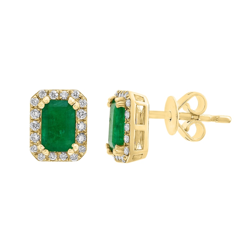 EFFY™ Collection Emerald-Cut Emerald and 0.15 CT. T.W. Diamond Stud Earrings in 14K Gold