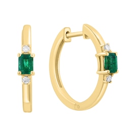 EFFY™ Collection Emerald-Cut Emerald and 0.05 CT. T.W. Diamond Hoop Earrings in 14K Gold