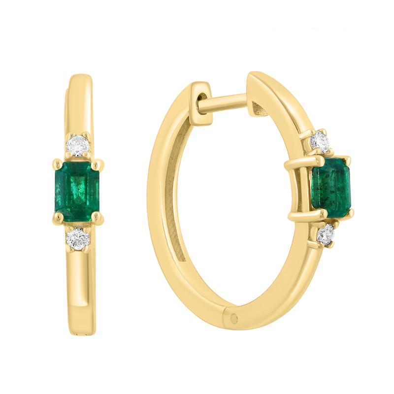 EFFY™ Collection Emerald-Cut Emerald and 0.05 CT. T.W. Diamond Hoop Earrings in 14K Gold