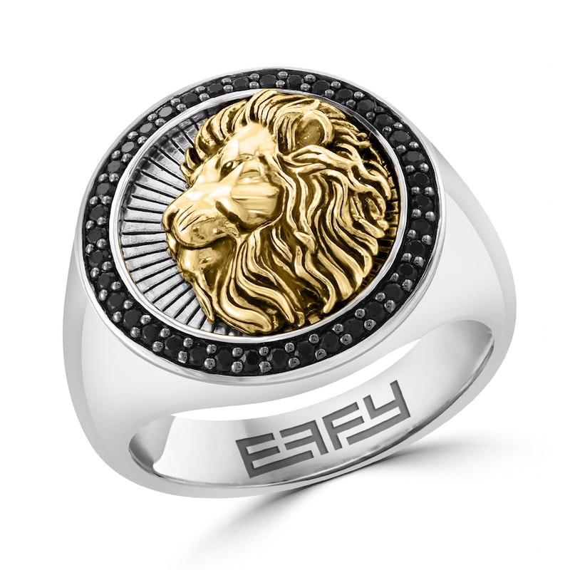 Main Image 1 of EFFY™ Collection Men's Black Sapphire Lion Ring in Sterling Silver with 18K Gold Plate