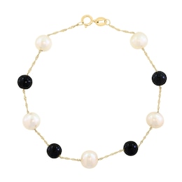 EFFY™ Collection Cultured Pearl and Black Onyx Station Bracelet in 14K Gold - 7.5"