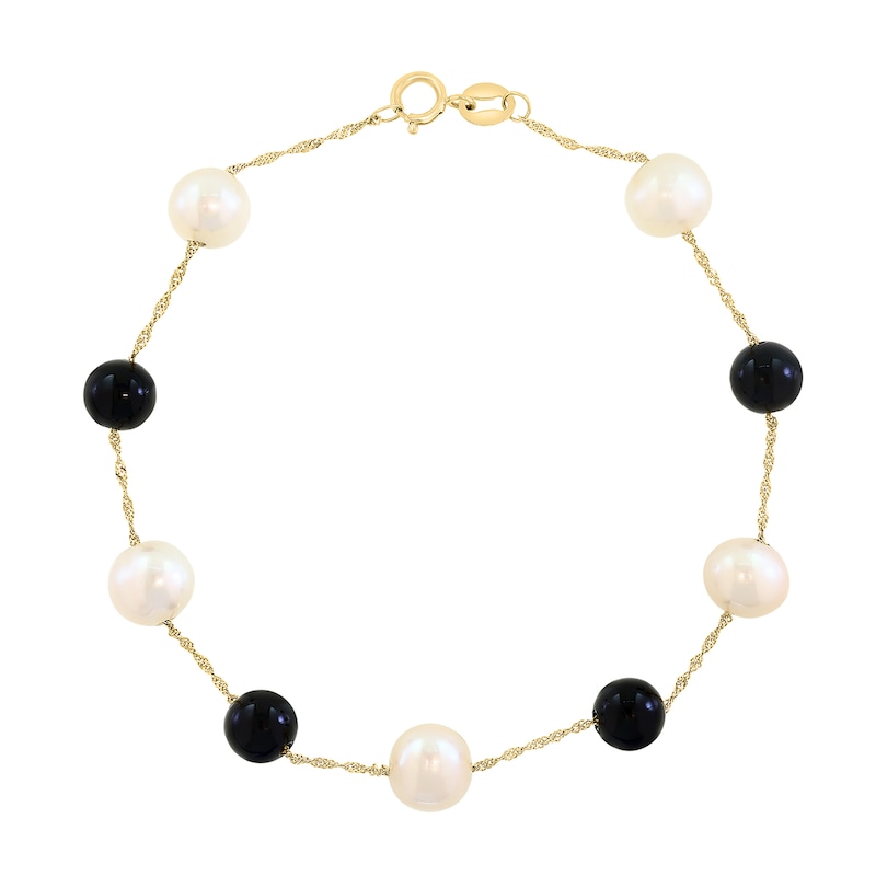 EFFY™ Collection Cultured Pearl and Black Onyx Station Bracelet in 14K Gold - 7.5"