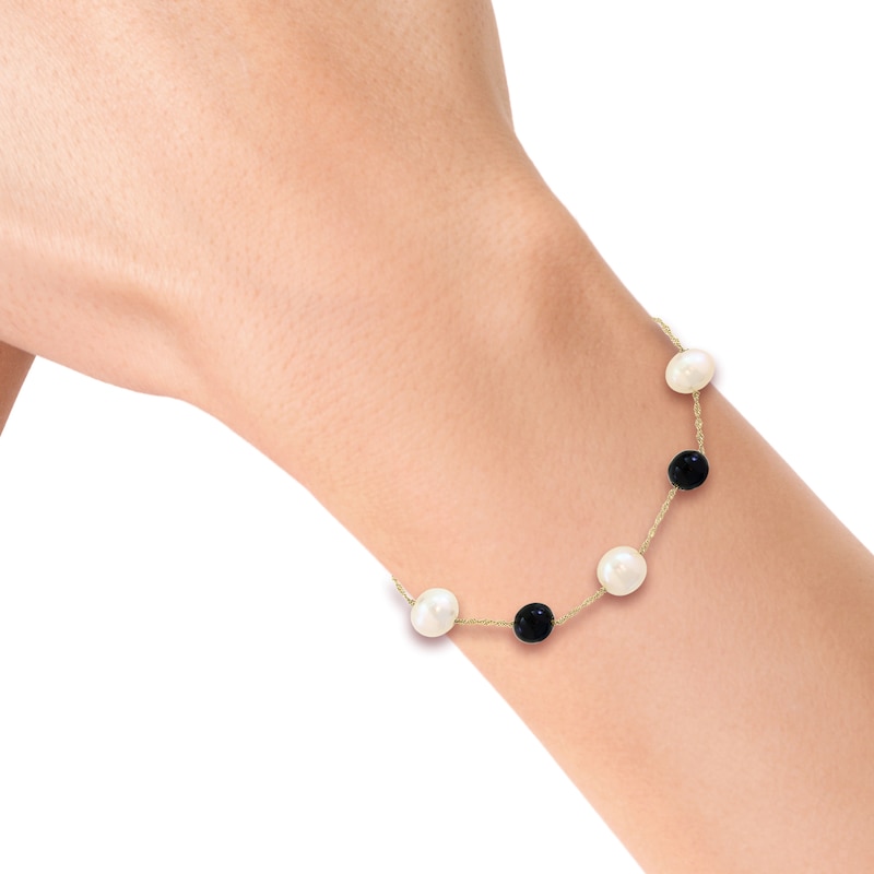 EFFY™ Collection Cultured Pearl and Black Onyx Station Bracelet in 14K Gold - 7.5"