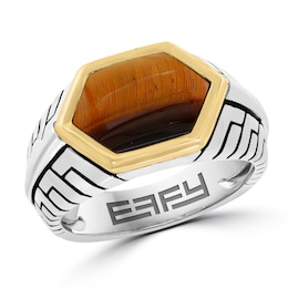 EFFY™ Collection Men's Hexagon Tiger's Eye Bezel-Set Ring in Sterling Silver with 18K Gold Plate