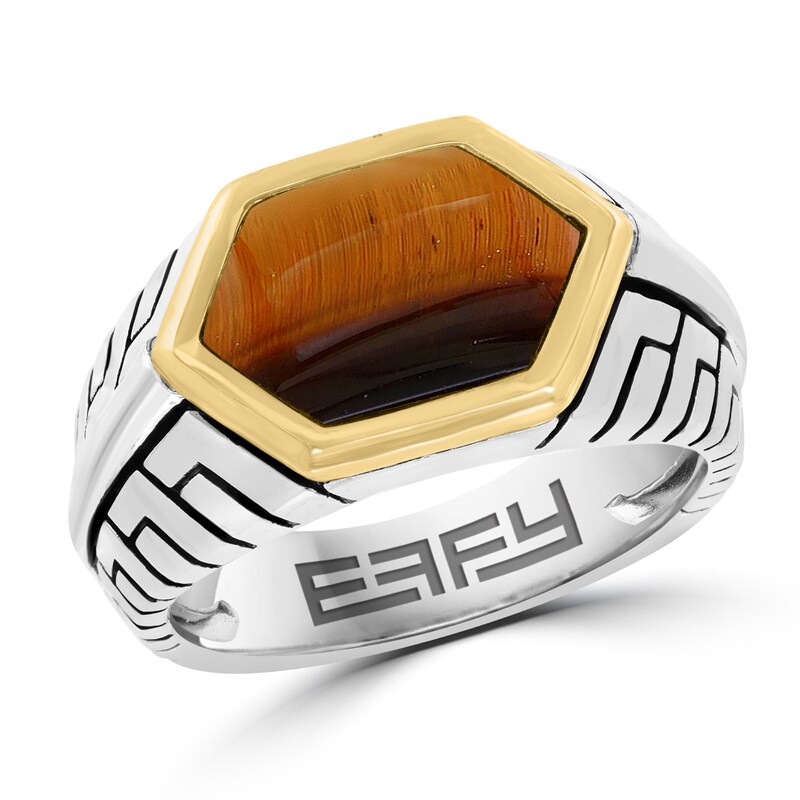 EFFY™ Collection Men's Hexagon Tiger's Eye Bezel-Set Ring Sterling Silver with 18K Gold Plate