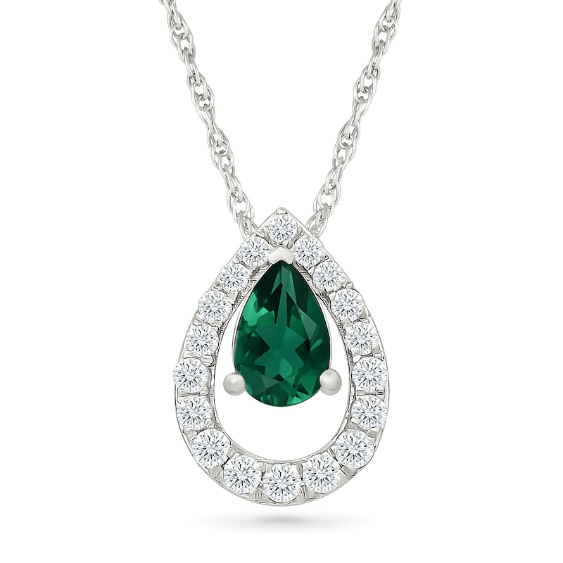 Main Image 1 of Pear-Shaped Lab-Created Emerald and 0.20 CT. T.W. Lab-Grown Diamond Teardrop Necklace in 10K White Gold (I/SI2) - 18"