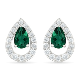 Pear-Shaped Lab-Created Emerald and 0.30 CT. T.W. Lab-Grown Diamond Teardrop Earrings in 10K White Gold (I/SI2) - 18"