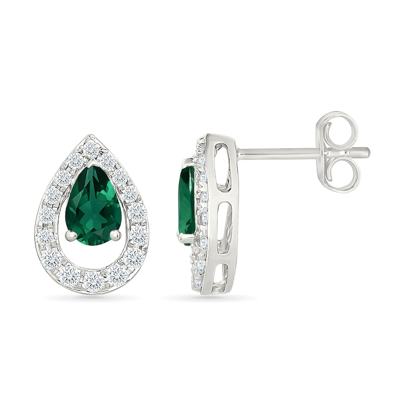 Pear-Shaped Lab-Created Emerald and 0.30 CT. T.W. Lab-Grown Diamond Teardrop Earrings in 10K White Gold (I/SI2) - 18"