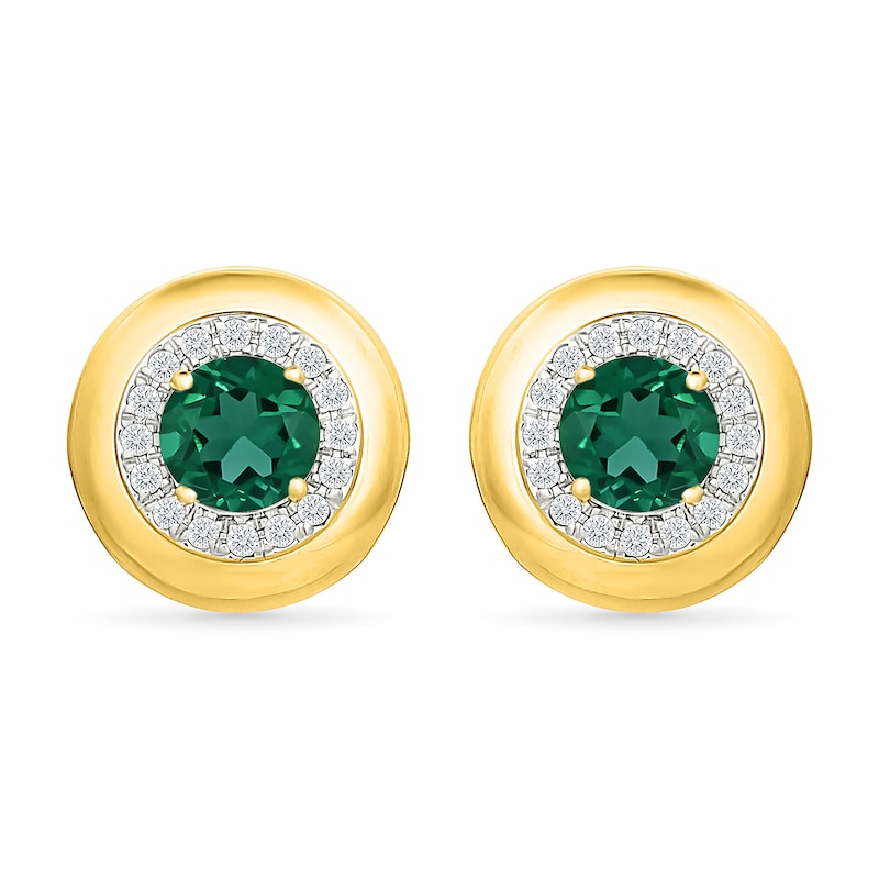 Main Image 1 of Lab-Created Emerald and 0.20 CT. T.W. Lab-Grown Diamond Frame Stud Earrings in Sterling Silver with 10K Yellow Gold Plate (I/SI2)