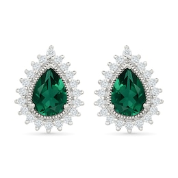 Pear-Shaped Lab-Created Emerald and 0.25 CT. T.W. Lab-Grown Diamond Frame Stud Earrings in Sterling Silver (I/SI2)