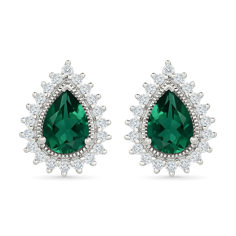 Main Image 1 of Pear-Shaped Lab-Created Emerald and 0.25 CT. T.W. Lab-Grown Diamond Frame Stud Earrings in Sterling Silver (I/SI2)