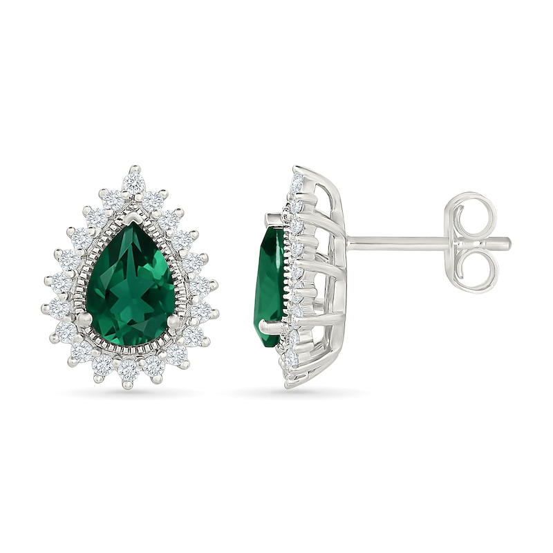 Pear-Shaped Lab-Created Emerald and 0.25 CT. T.W. Lab-Grown Diamond Frame Stud Earrings in Sterling Silver (I/SI2)