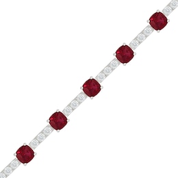 Cushion-Cut Lab-Created Ruby and 2.00 CT. T.W. Lab-Grown Diamond Tennis Bracelet in Sterling Silver (I/SI2) - 7.5"