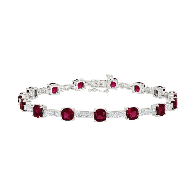 Cushion-Cut Lab-Created Ruby and 2.00 CT. T.W. Lab-Grown Diamond Tennis Bracelet in Sterling Silver (I/SI2) - 7.5"
