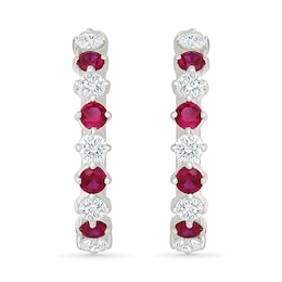 Lab-Created Ruby and 1.20 CT. T.W. Lab-Grown Diamond Hoop Earrings in Sterling Silver (I/SI2)