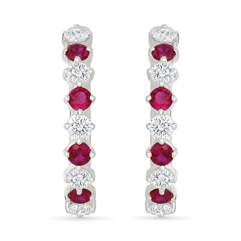 Main Image 1 of Lab-Created Ruby and 1.20 CT. T.W. Lab-Grown Diamond Hoop Earrings in Sterling Silver (I/SI2)