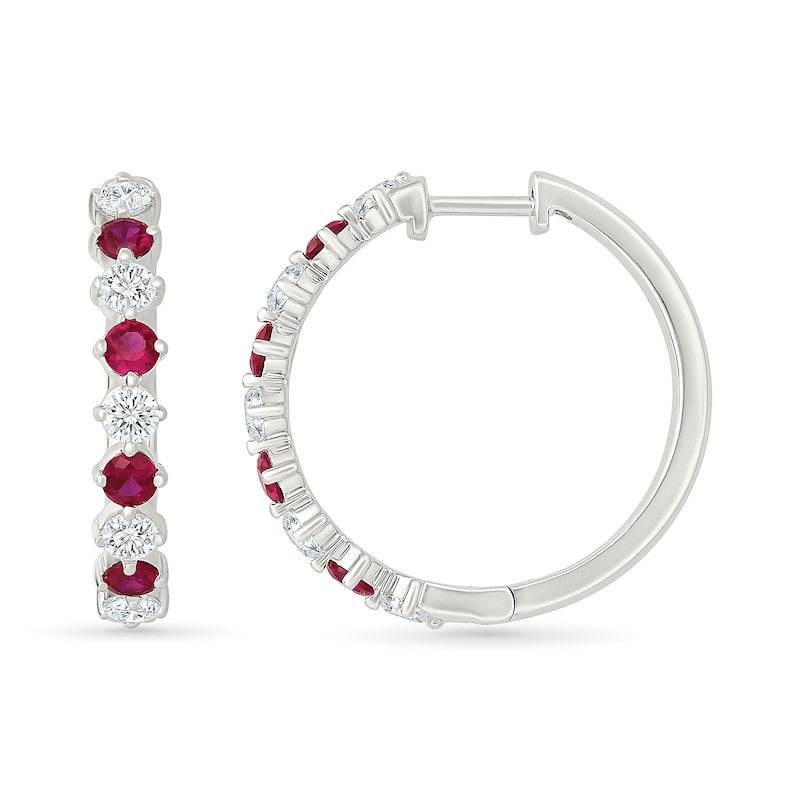Lab-Created Ruby and 1.20 CT. T.W. Lab-Grown Diamond Hoop Earrings in Sterling Silver (I/SI2)