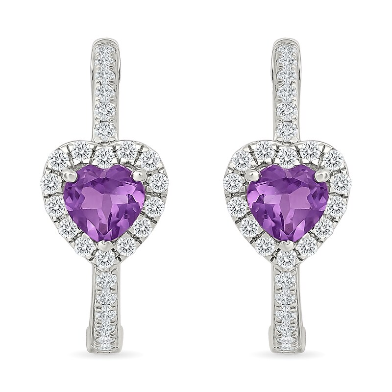 Main Image 1 of Heart-Shaped Amethyst and 0.50 CT. T.W. Lab-Grown Diamond Hoop Earrings in Sterling Silver (I/SI2)