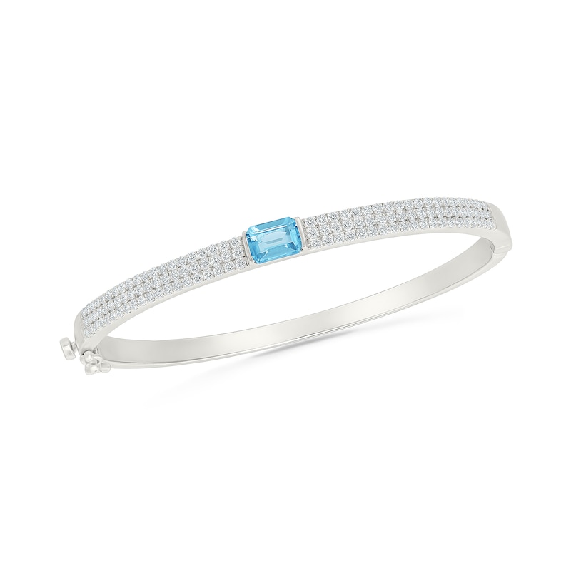 Emerald-Cut Swiss Blue Topaz and 1.50 CT. T.W. Lab-Grown Diamond Bangle Bracelet in Sterling Silver (I/SI2)