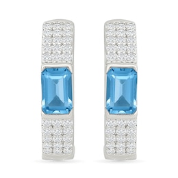 Emerald-Cut Swiss Blue Topaz and 0.40 CT. T.W. Lab-Grown Diamond Hoop Earrings in Sterling Silver (I/SI2)