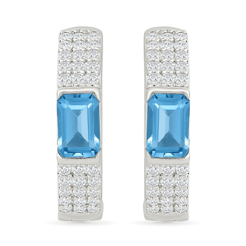 Main Image 1 of Emerald-Cut Swiss Blue Topaz and 0.40 CT. T.W. Lab-Grown Diamond Hoop Earrings in Sterling Silver (I/SI2)