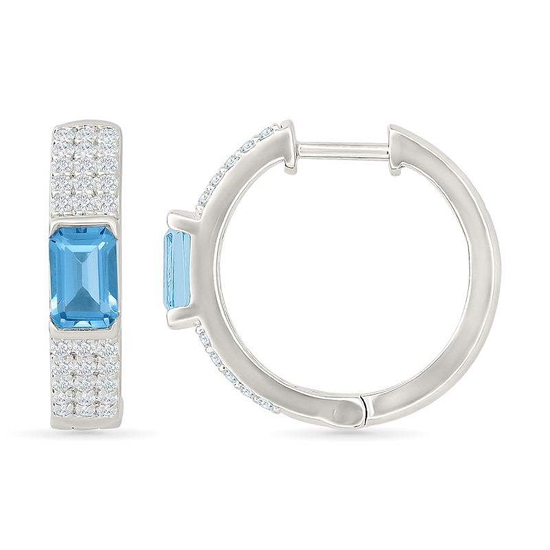 Emerald-Cut Swiss Blue Topaz and 0.40 CT. T.W. Lab-Grown Diamond Hoop Earrings in Sterling Silver (I/SI2)