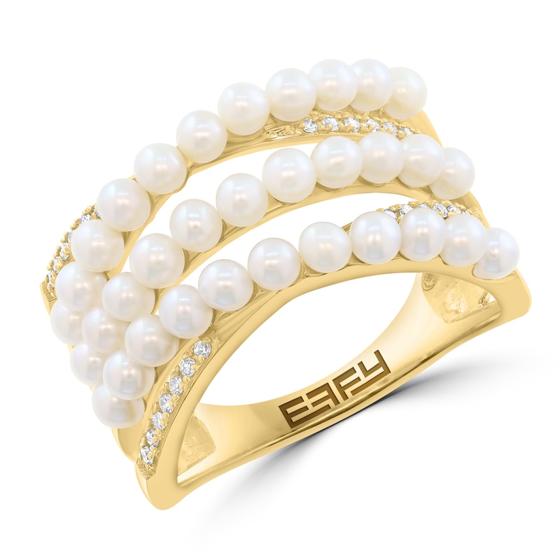 EFFY™ Collection Cultured Pearl and Diamond Accent Three-Row Ring 14K Gold