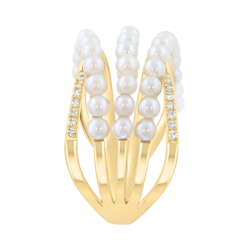 EFFY™ Collection Cultured Pearl and Diamond Accent Three-Row Ring 14K Gold