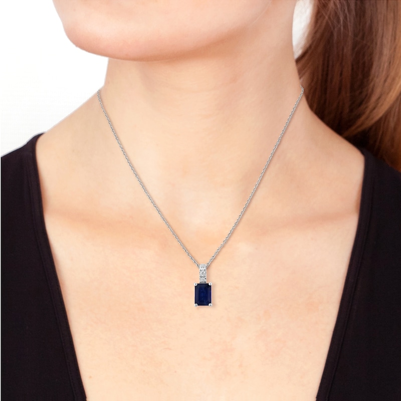 EFFY™ Collection Emerald-Cut Blue Sapphire and 0.10 CT. T.W. Diamond Necklace in 14K White Gold - 18"