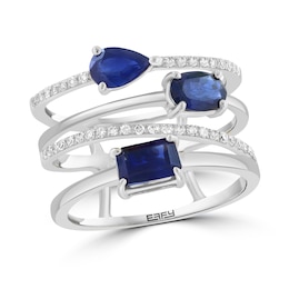 EFFY™ Collection Pear-Shaped, Oval and Emerald-Cut Blue Sapphire and 0.15 CT. T.W. Diamond Ring in 14K White Gold