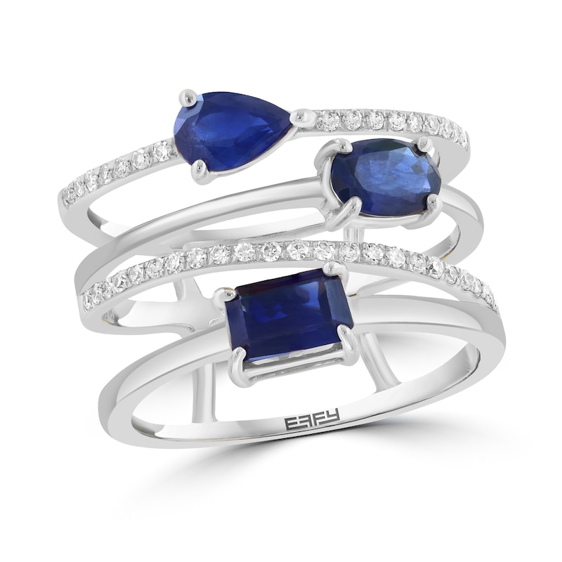 EFFY™ Collection Pear-Shaped, Oval and Emerald-Cut Blue Sapphire 0.15 CT. T.W. Diamond Ring 14K White Gold