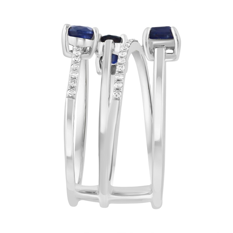 EFFY™ Collection Pear-Shaped, Oval and Emerald-Cut Blue Sapphire 0.15 CT. T.W. Diamond Ring 14K White Gold