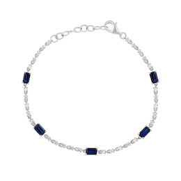 EFFY™ Collection Emerald-Cut Blue Sapphire and 0.50 CT. T.W. Diamond Station Bracelet in 14K White Gold - 7"